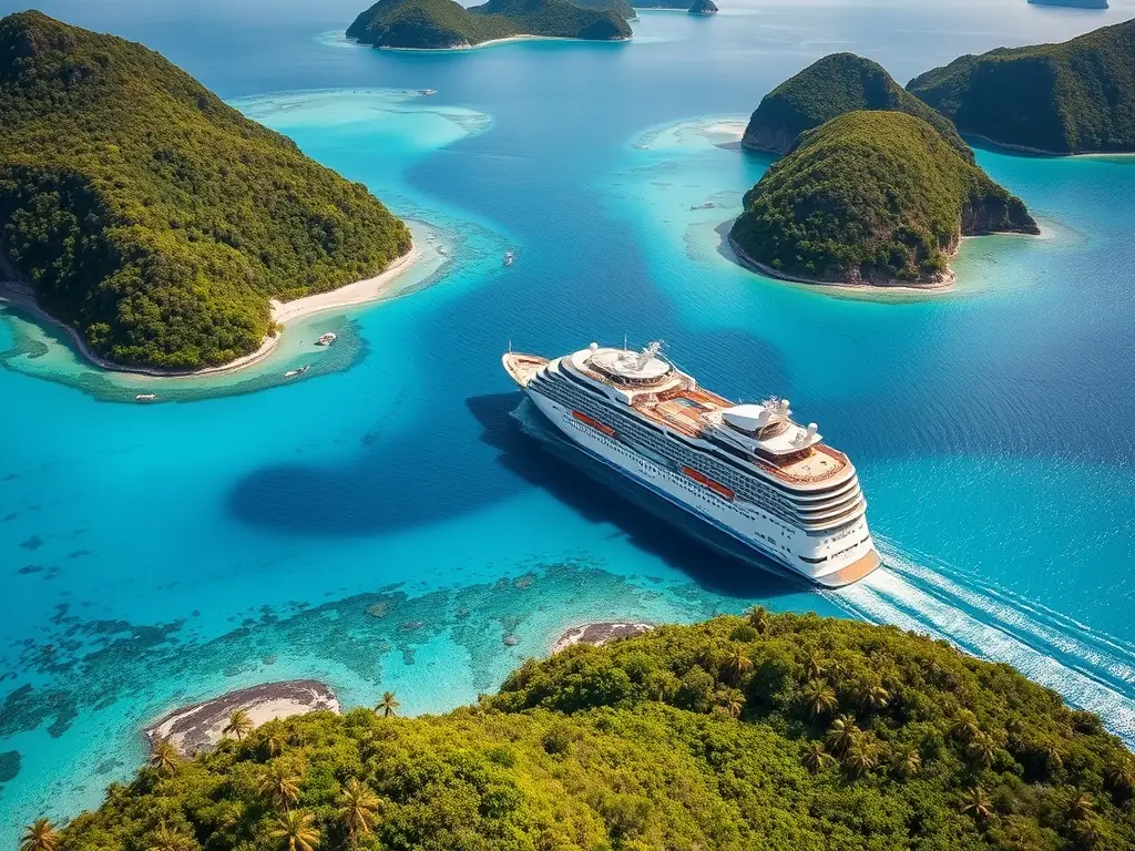 A vibrant image showcasing a cruise ship sailing through the turquoise waters of the Caribbean, with lush tropical islands in the background. The sky is clear and sunny, creating a sense of adventure and relaxation.