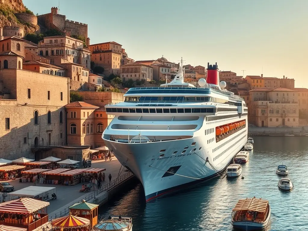 An eye-catching image of a cruise ship sailing along the Mediterranean coast, with historic cities and ancient ruins visible in the distance. The sun is setting, casting a warm golden glow over the scene.