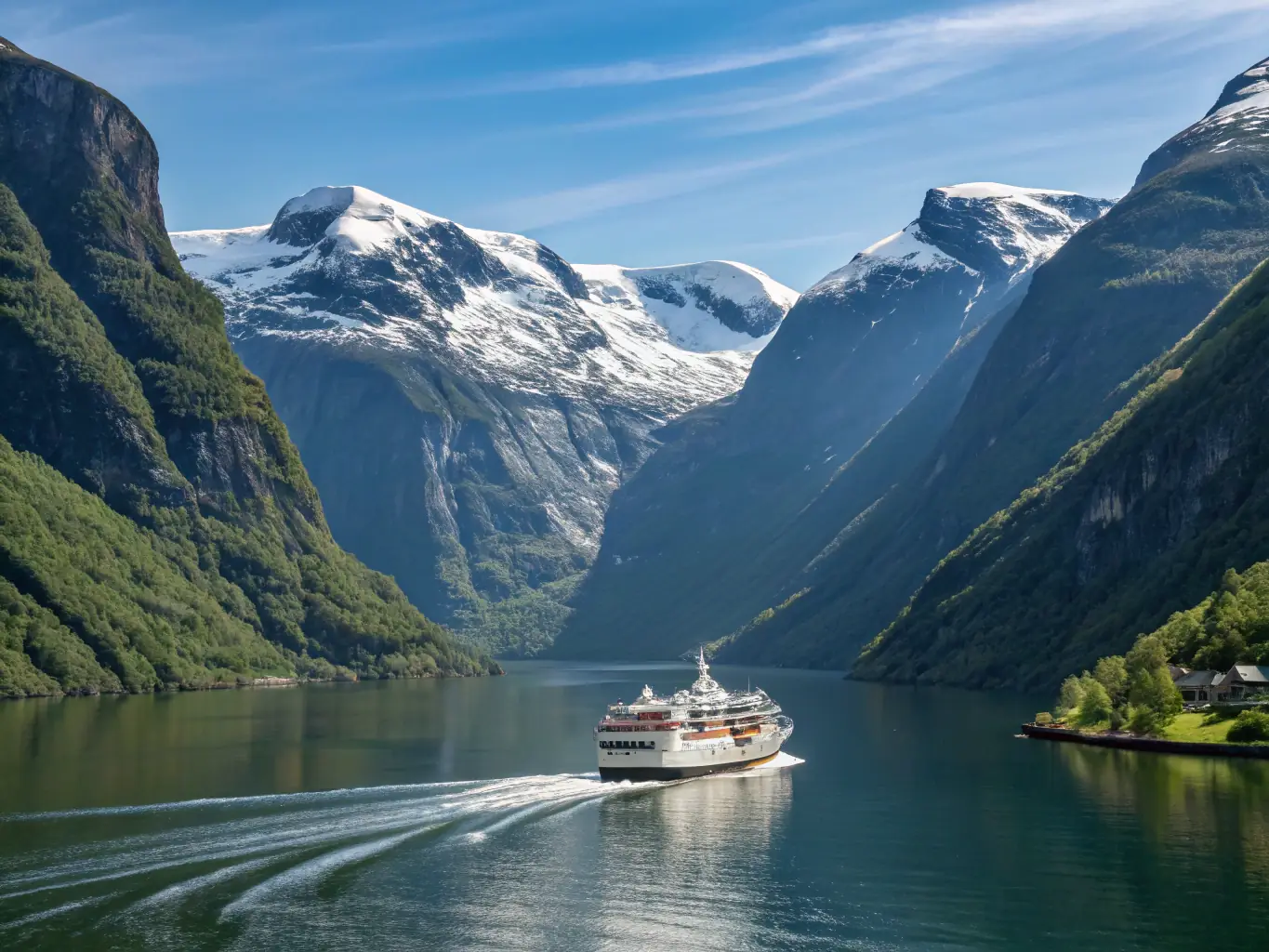 A stunning photograph of a cruise ship navigating through the majestic fjords of Norway, with snow-capped mountains and picturesque villages lining the shores. The scene is serene and breathtaking.